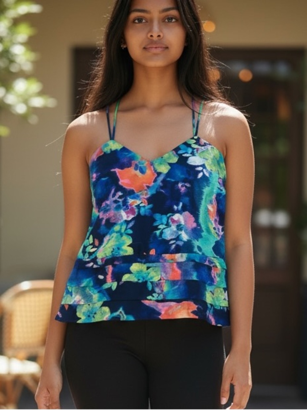 Candie's Navy Floral Tiered Cami Top with Multicolor Print